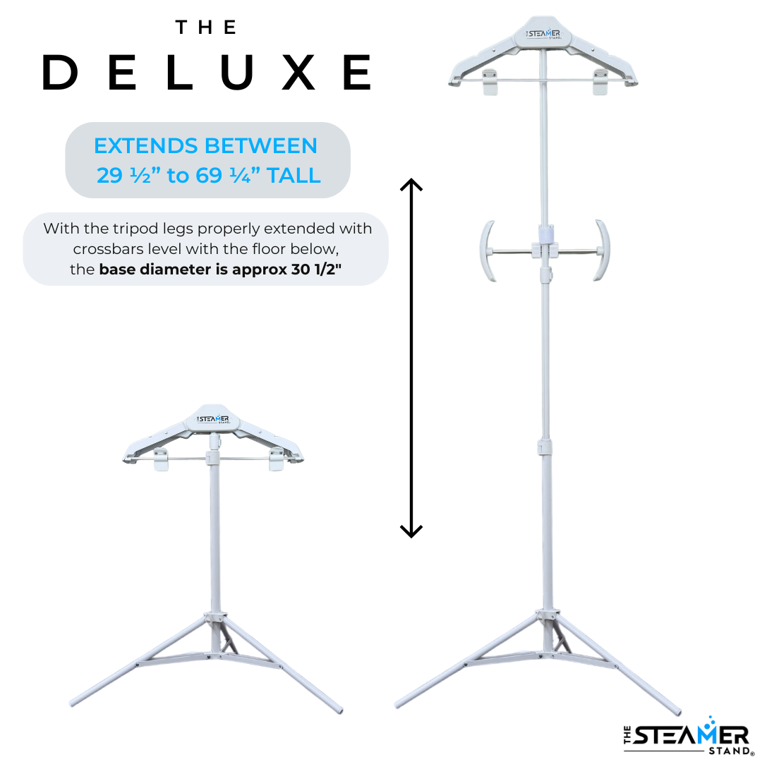 The Steamer Stand Deluxe extension between 29.5 inches to 69.25 inches tall with a 30.5 inch diameter base and option to increase to 97 inches tall when Vertical Extenders are added