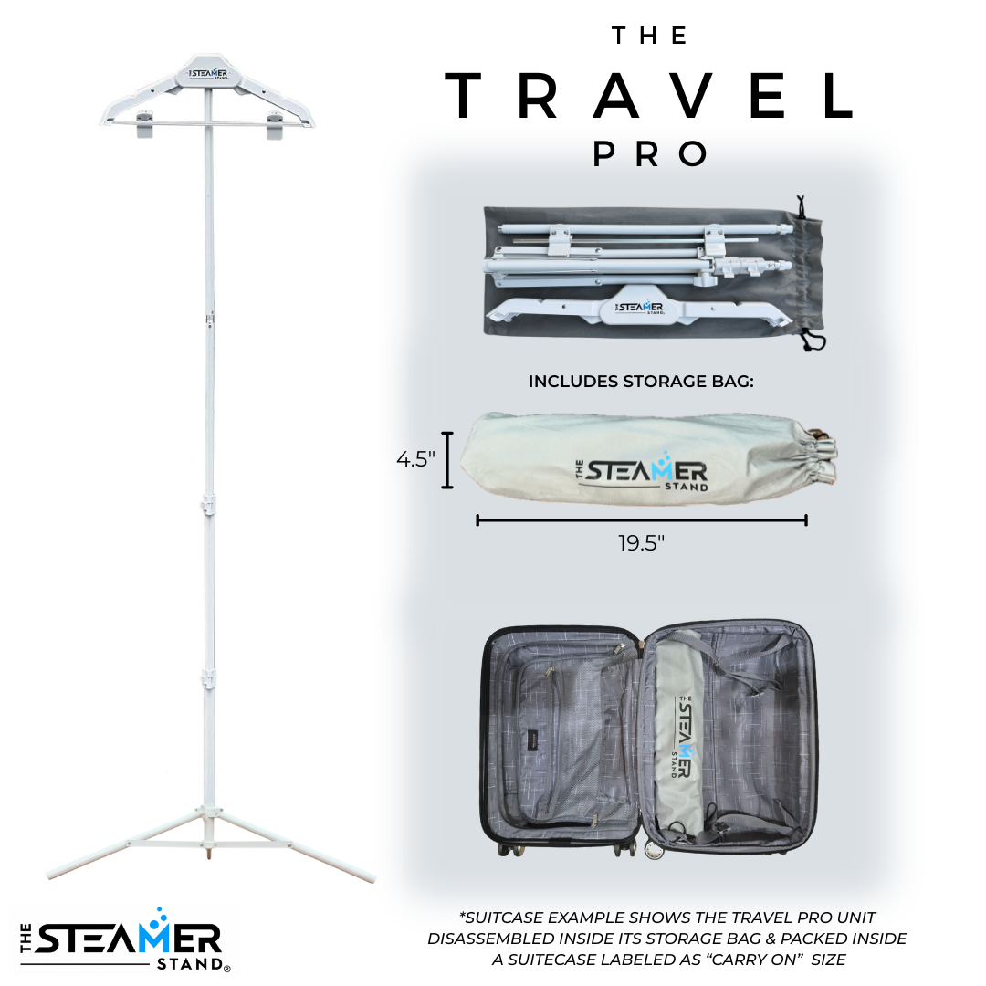 The Steamer Stand Travel Pro: assembled, disassembled, storage dimensions, fits in suitcase