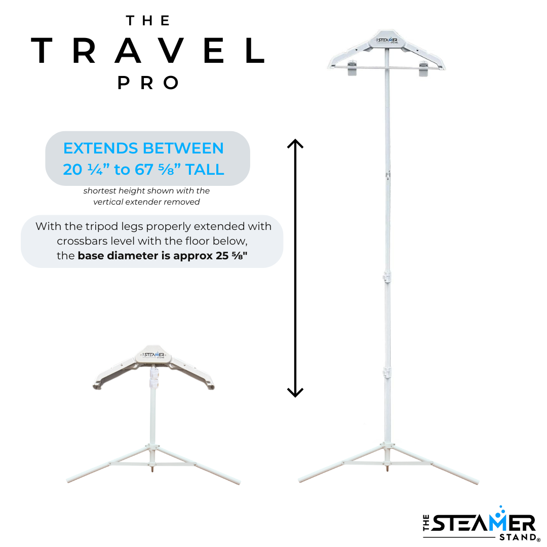 The Steamer Stand Travel Pro extends between 20 inches to 68 inches tall