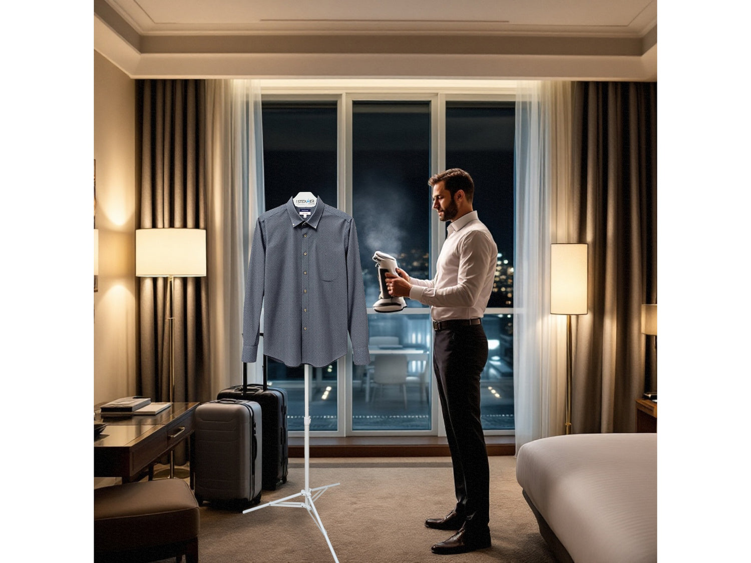 man in hotel room is using a garment steamer and The Steamer Stand to get wrinkles out of his business shirt