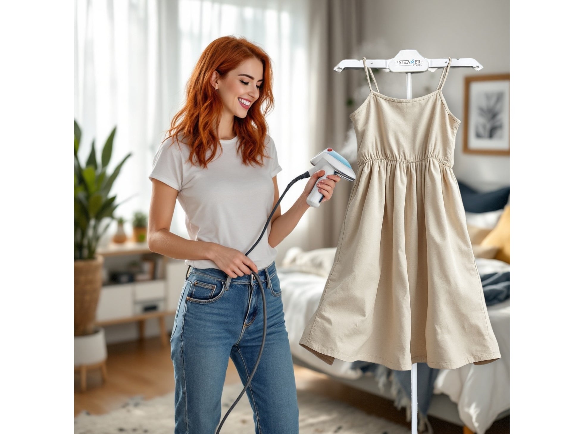 woman using a garment steamer and the steamer stand to remove wrinkles from her clothes