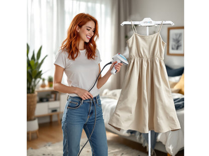 woman using a garment steamer and the steamer stand to remove wrinkles from her clothes