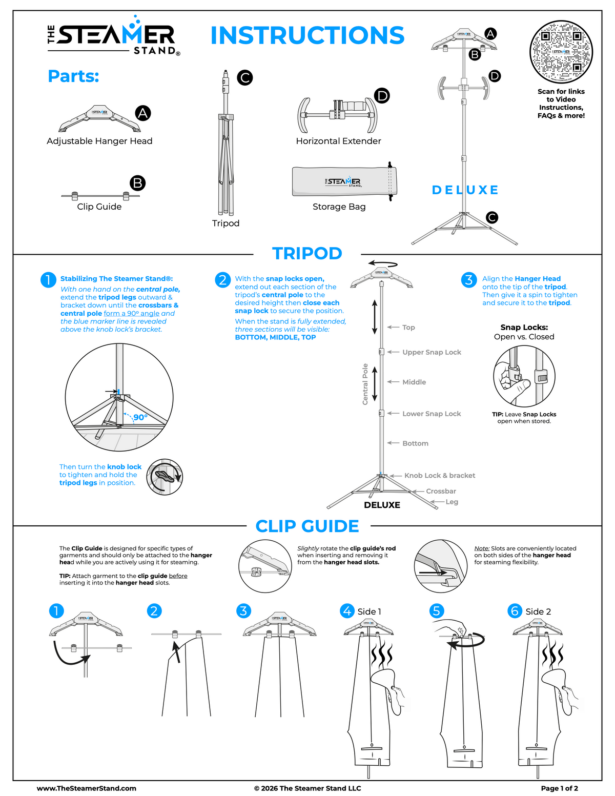 Instruction manual page for The Steamer Stand, showing parts, assembly diagrams for tripod and clip guide, and step-by-step usage instructions with labeled illustrations.