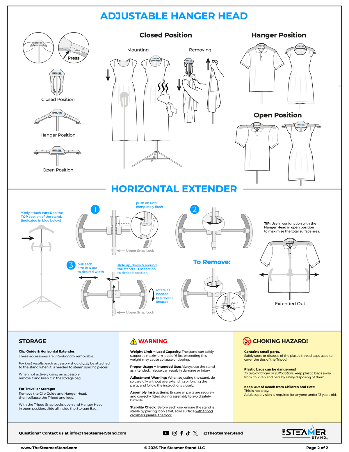 An instructional product manual page from The Ironman Stand showing how to adjust the hanger head and use the horizontal extender. The page features labeled diagrams of the closed and open positions, assembly steps, and safety warnings.