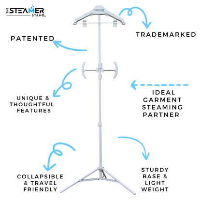 the steamer stand deluxe patented trademarked travel friendly garment steaming partner