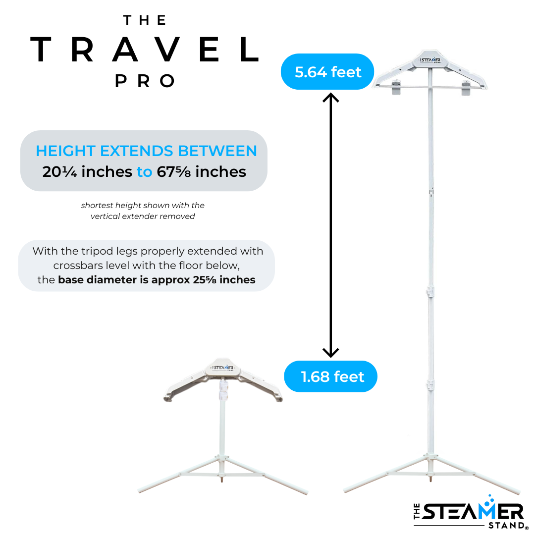 The Steamer Stand Travel Pro height measurement chart dimensions between 20 inches to 68 inches tall