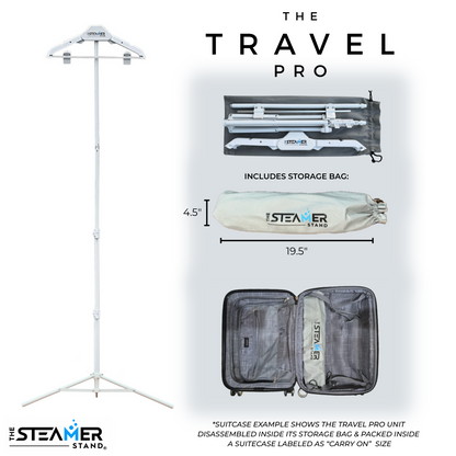 The Steamer Stand Travel Pro: assembled, disassembled, storage dimensions, fits in suitcase 