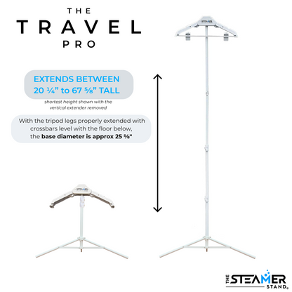 The Steamer Stand Travel Pro extends between 20 inches to 68 inches tall