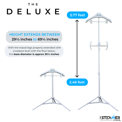 Deluxe steamer stand with height measurement details on a white background