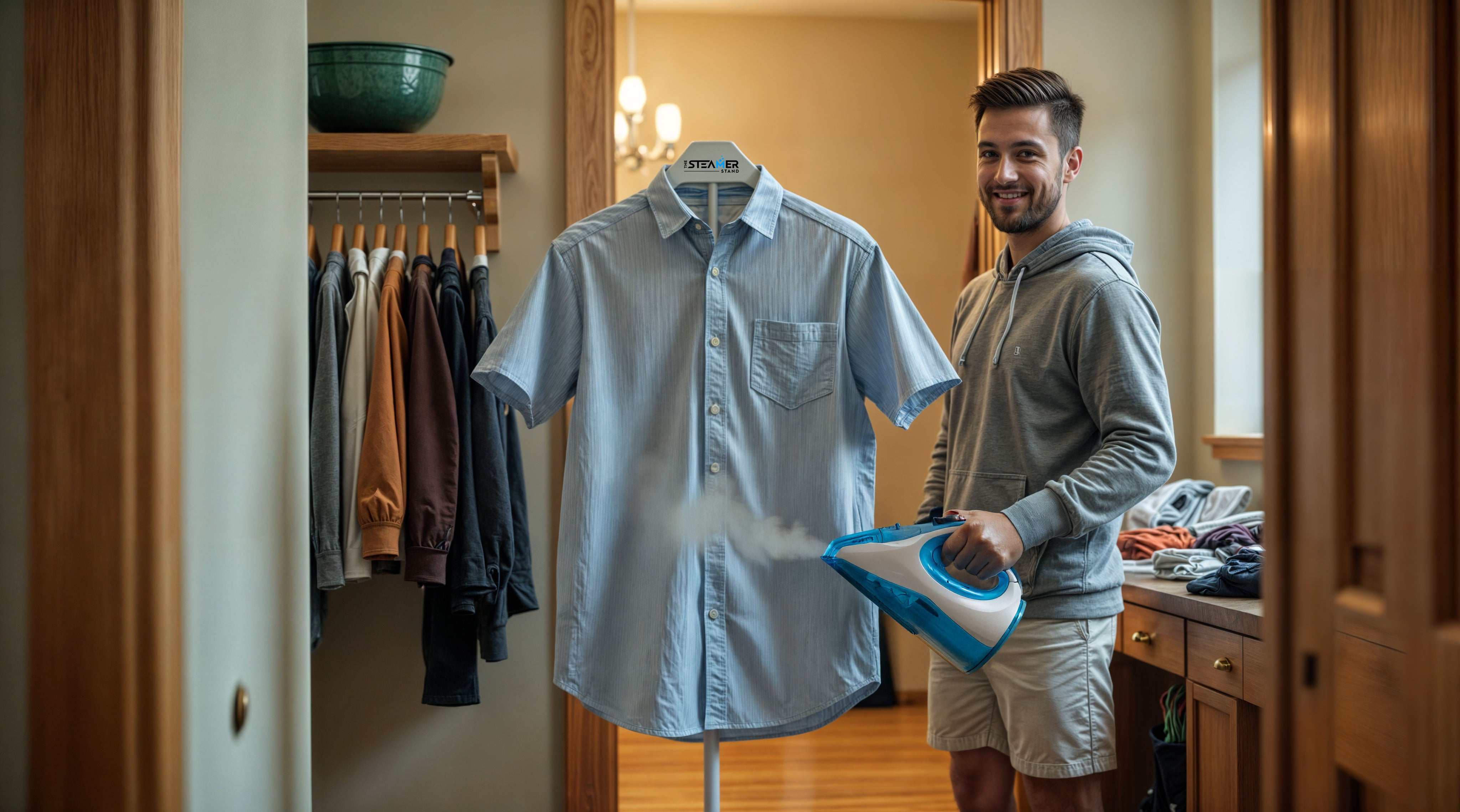 man steaming shirt with steamer stand