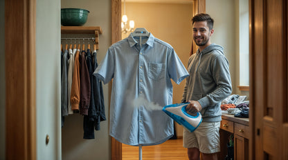 man steaming shirt with steamer stand