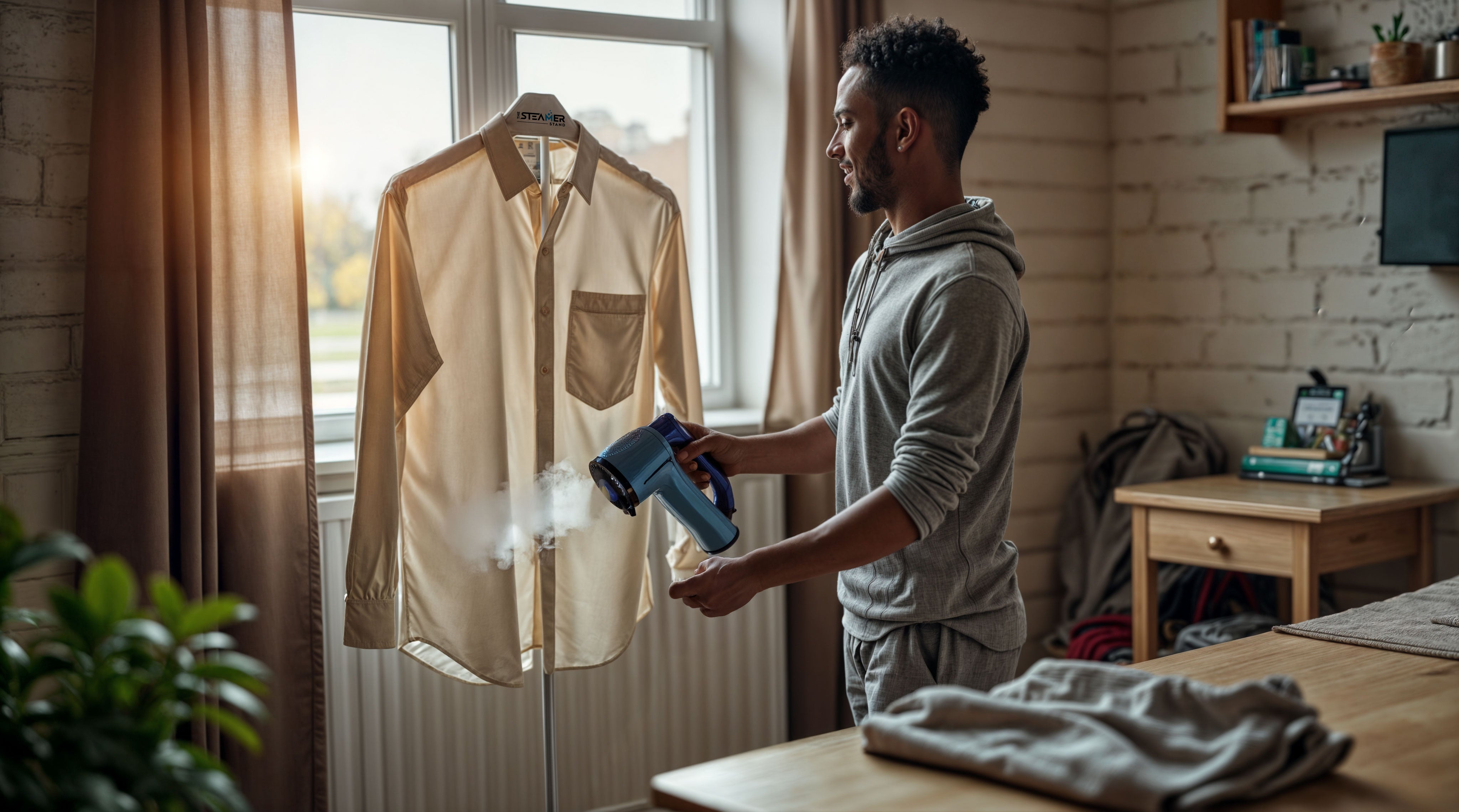 man using the steamer stand to hang his shirt to steam it in his apartment