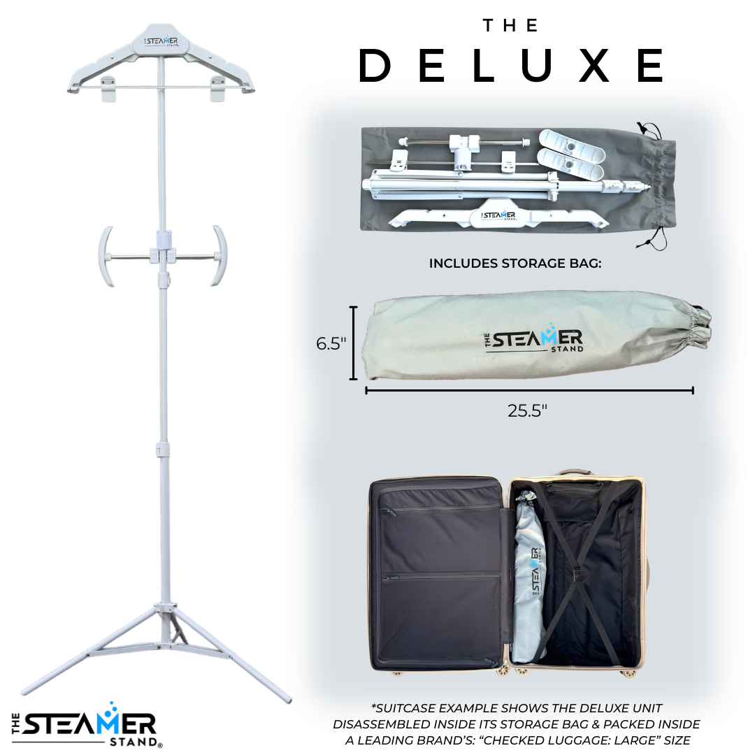 The Steamer Stand Deluxe shown assembled, disassembled, storage dimensions, inside checked size suitcase for travel