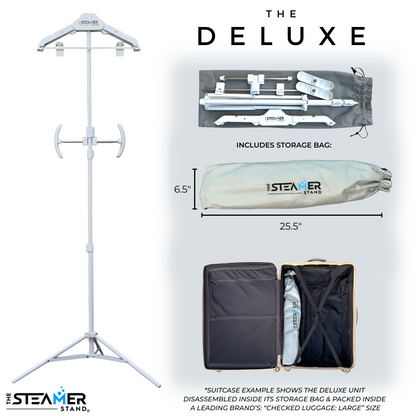 The Steamer Stand Deluxe shown assembled, disassembled, storage dimensions, inside checked size suitcase for travel