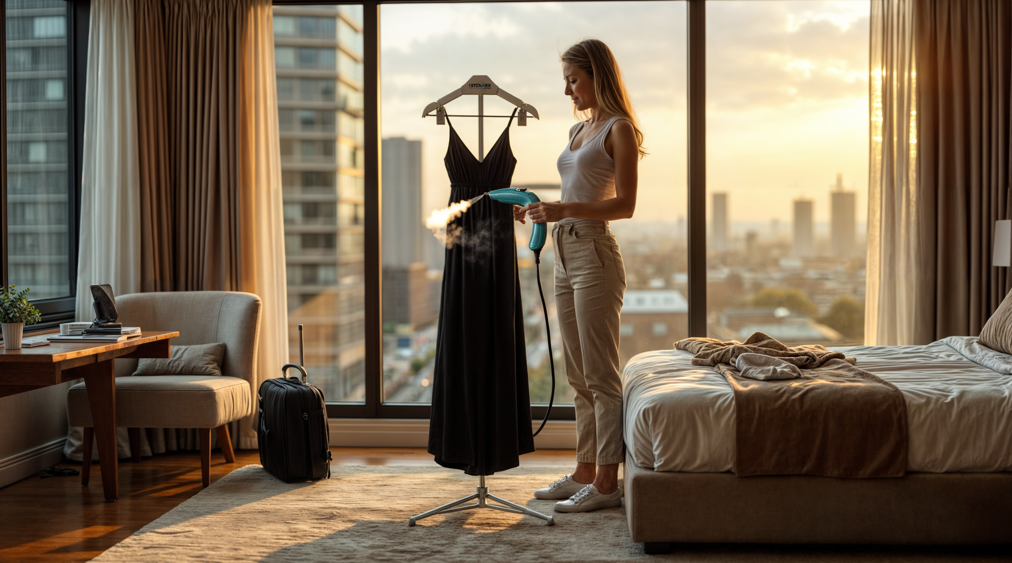 woman steaming dress in hotel room on the steamer stand